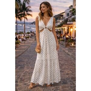 Bloom Beachwear Maxi Dress Small White Gold Polka Dot Cutout Ring Boho Vacation